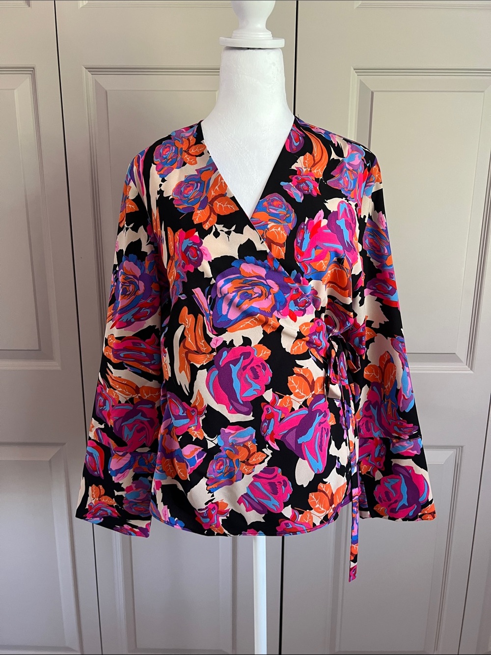Topshop Black Floral Wrap Blouse with Pink & Orange Roses